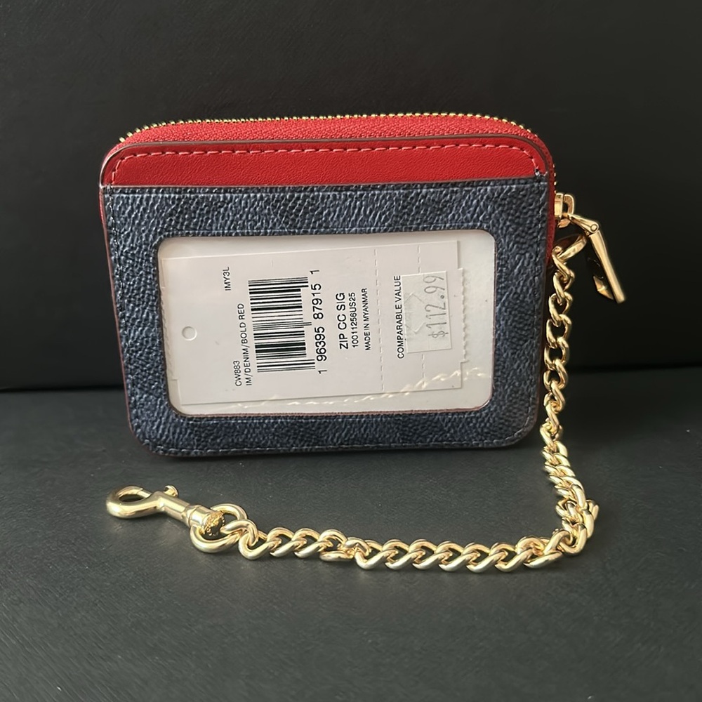 NWT COACH ZIP CARD CASE IN SIGNATURE CANVAS IN DENIM/BOLD RED - Picture 5 of 6